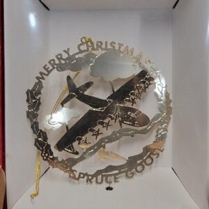 Spruce Goose Merry Christmas Ornament Solid Brass 24K Gold Plated